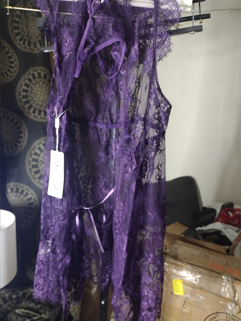 NWT Joyaria Purple Eyelash Lace Sheer Chemise with Ribbon Tie
